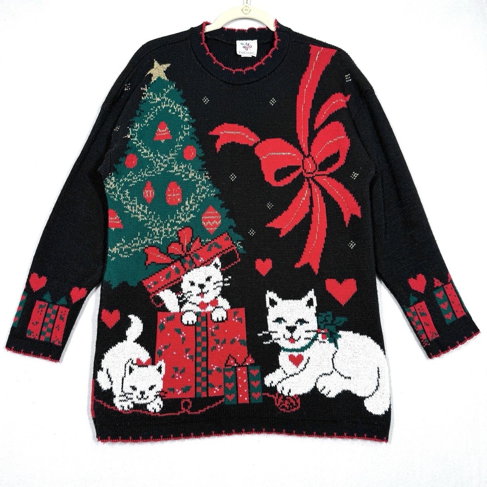 Vintage Christmas Sweater Womens Medium Cats Kittens Tree Presents Bow USA Tunic